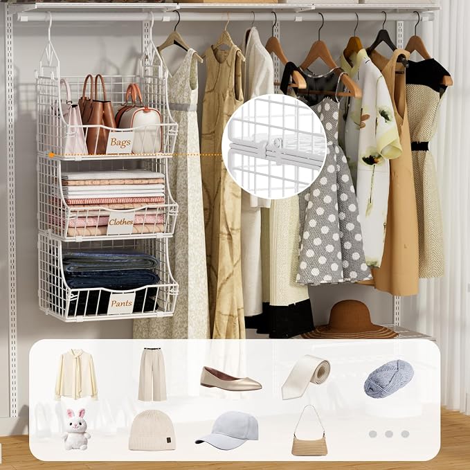 Hanging Closet Organizers and Storage, 3 Tier Closet Shelf Clothes Organizer with 2 S-Hooks, Multi-Functional Iron Wire Baskets, for Clothing, Sweaters, Handbags, Hat, Canned - Image 3
