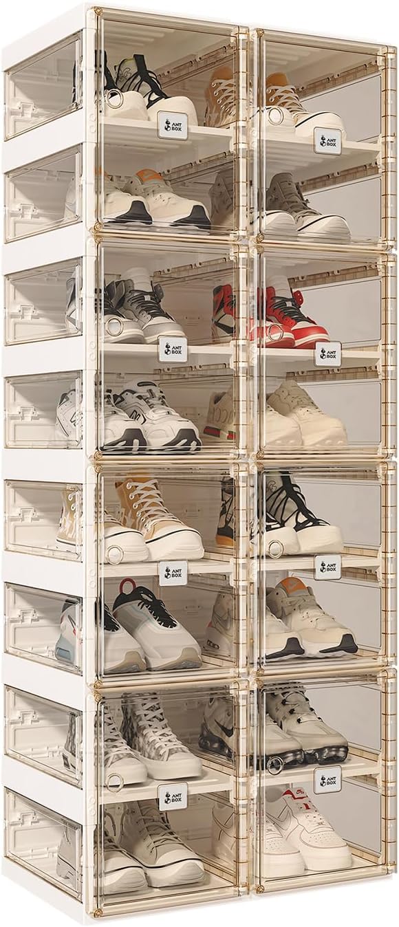 ANTBOX Foldable Shoe Rack,Shoe Organizers for Closet Plastic Shoe Storage Box for Entryway,Living Room,Large Sturdy Stackable Sneaker Cabinet Bins with Magnetic Clear Door 8 Tiers 16 Pairs by ANTBOX