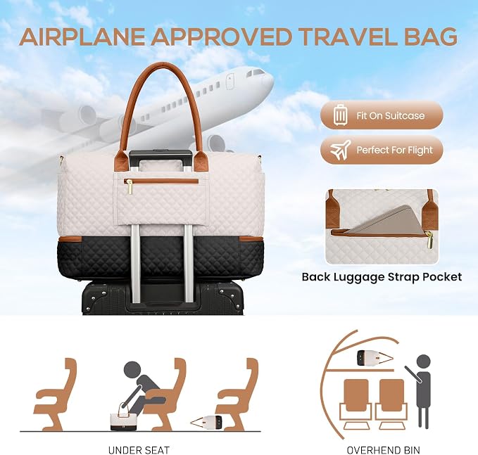 Travel Weekender Duffle Bags for Women - Duffel Bag with Shoe Compartment Carry On Overnight Bag with Toiletry Bag with Wet Pocket for Gym Hospital Bags for Labor and Delivery Black White Brown - Image 8