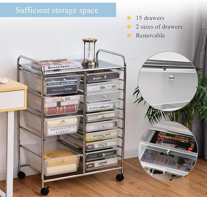 15 Drawer Rolling Storage Cart, Rolling Cart with Drawers for Classroom, Art Supply Craft Organizer on Wheel with Metal Frame & Handles for Home Office School - Image 5