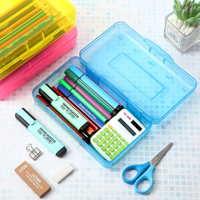 Leelosp 12 Pack Pencil Boxes Bulk, Large Plastic Case,Pink Yellow Blue | Stackable Hard Storage Box with Snap Lid for School Classroom, Desk Drawer Organizer, Crayons Markers Kids Supplies - Image 4