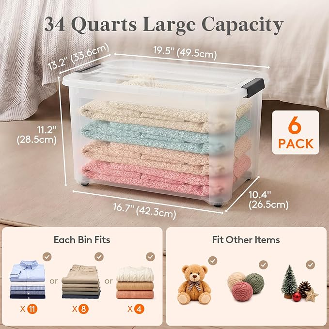 Lifewit 34Qt Storage Bins with Lids, Plastic Large Latches Boxes with Wheels, Clear Totes Tubs Container for Closet Organizers and Storage, Bedroom, Clothes, Craft, 6 Pcs - Image 2