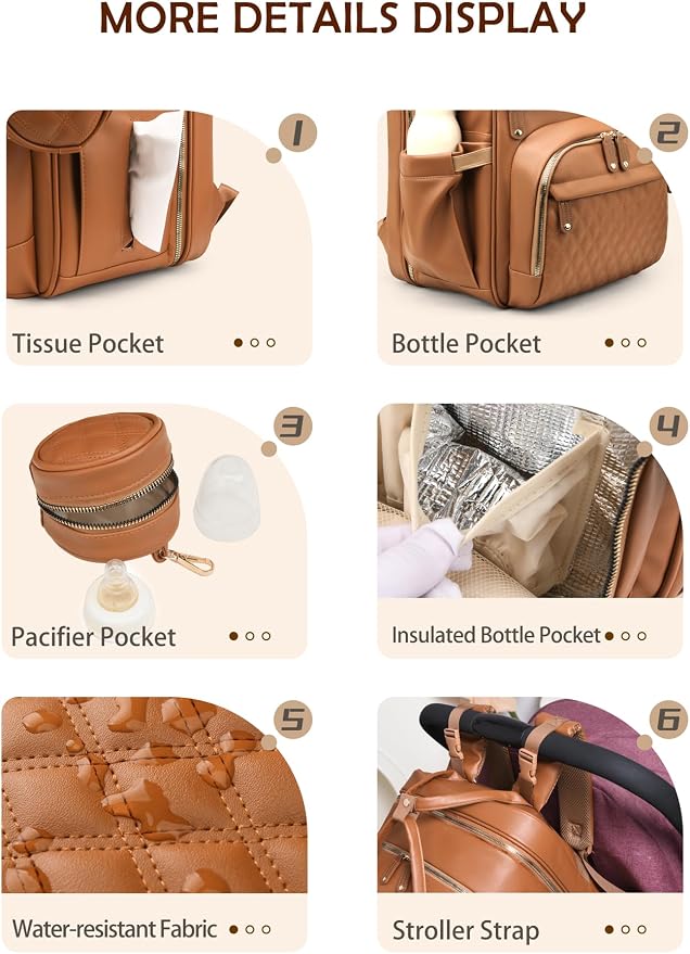 Diaper Bag Backpack with Changing Station, Waterproof for Travel, Vegan Leather, Brown - Image 4
