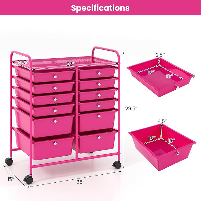 Giantex 12 Drawer Rolling Storage Cart Tools Scrapbook Paper Office School Organizer (Hot Pink) - Image 3