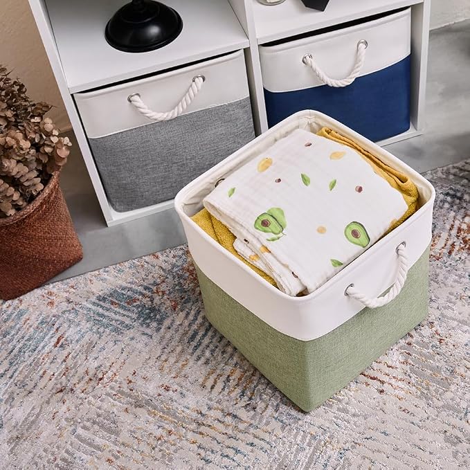 Fabric Storage Cubes 13 x 13, Collapsible Storage Bins for Shelf Baskets, Cube Storage Organizer White Green Bins with Cotton Handles, Foldable Storage Bin box, Cube Storage Bin 6 Pack - Image 3