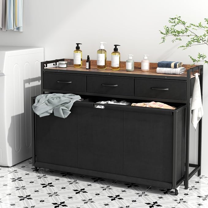 Laundry Hamper Laundry Basket with 3 Section Pull-Out Rolling Bags, Laundry Sorter for Organization and Storage with 2 Pull-Out Drawers for Laundry Room (Brown+Black, 43.31'' x 31.81'' x 12.6'') - Image 2