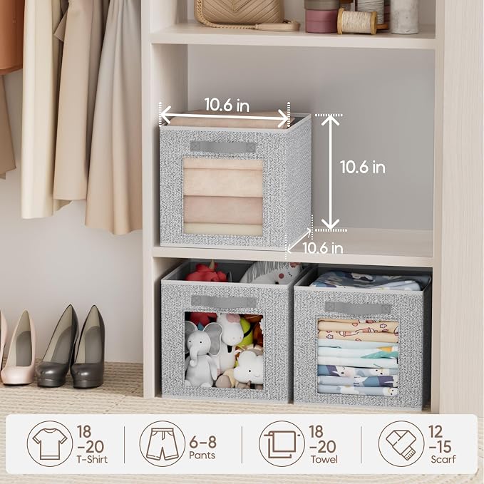 Foldable Storage Cubes - Cubby Storage Organizer with Window, Decorative Fabric Bins for Clothes Storage, Closet Organizers for Shelves, 11inch, Set of 8, Light Grey - Image 4