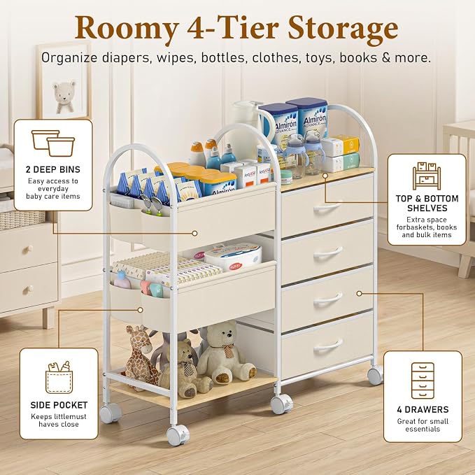 Baby Organizer and Storage Cart, 4-Tier Rolling Utility Cart with Wheels, Dividers and Drawers, Easy to Assemble for Nursery, Bedroom & Changing Table, White - Image 4