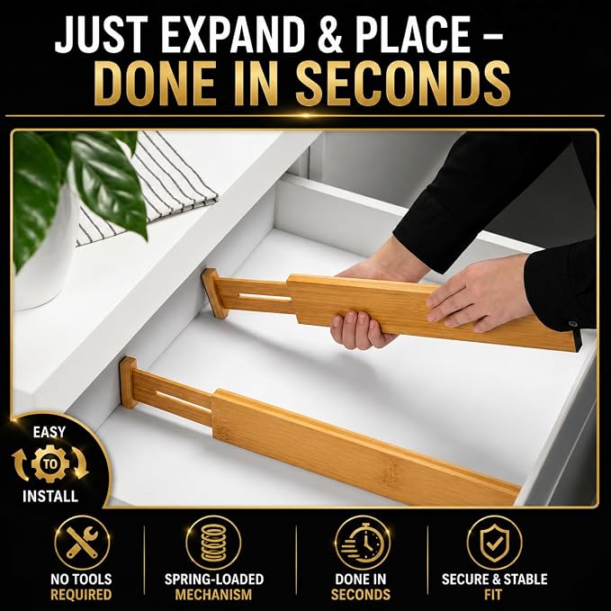 Adjustable Bamboo Drawer Dividers Expandable 8 Pack 17-22 Organizer | Kitchen, Dresser, Closet, Bathroom, Bedroom & Office Storage, Solid Moso Bamboo, Spring-Loaded, 80 Labels - Image 8