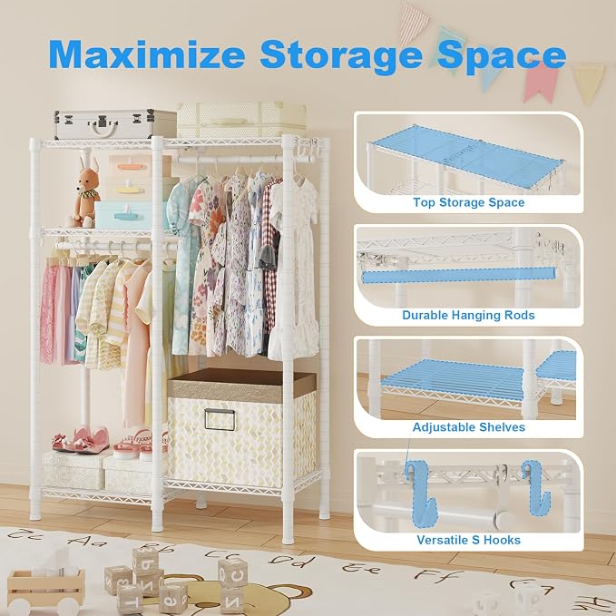 F1 Garment Rack for Kids, 4 Tiers Closet System Hold 410lbs, White | Clothing Rack for Baby and Children's Room, Small Freestanding Clothes Racks with 2 Hanger Rods, 31.2"W x 11.8"D x 48"H - Image 5