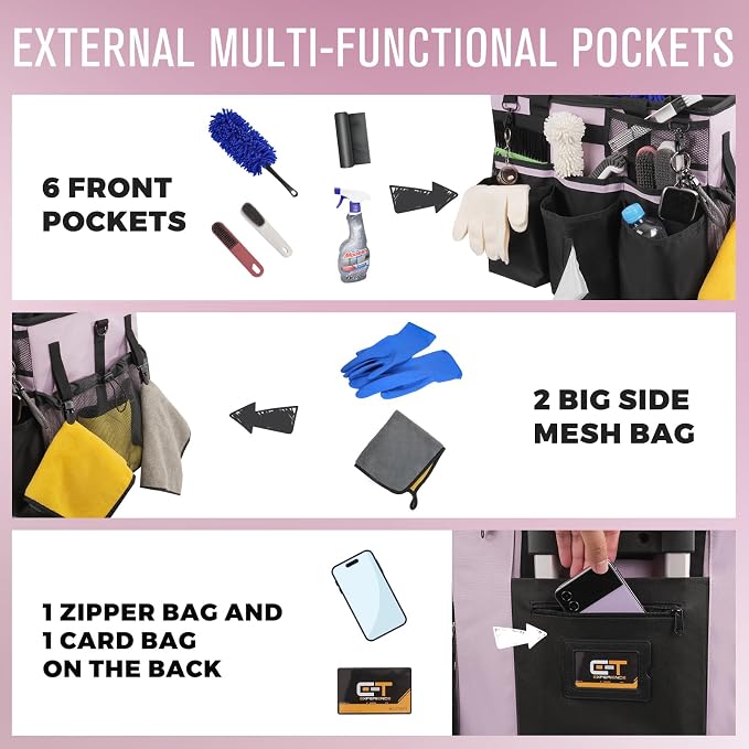 SCAVATA Rolling Cleaning Caddy Bag with Detachable Trolley, Large Cleaning Supplies Organizer with Wheels, Multi-Pocket Cleaning Cart with Adjustable Shoulder Strap for Housekeepers (Lilac) - Image 2