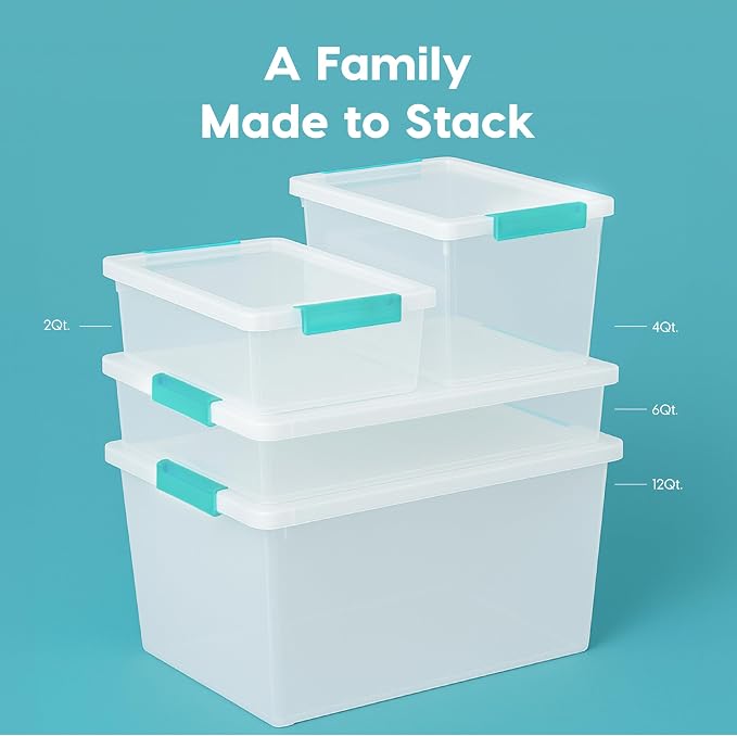 IRIS USA 6 Qt. Craft Storage Bins with Lids, 6-Pack, |Made in USA|, Clip Box, Small Plastic Sensory Bin Tote Organizer Containers for Art Supplies, Paper, & Office, Stackable - Clear/Seafoam Blue - Image 3