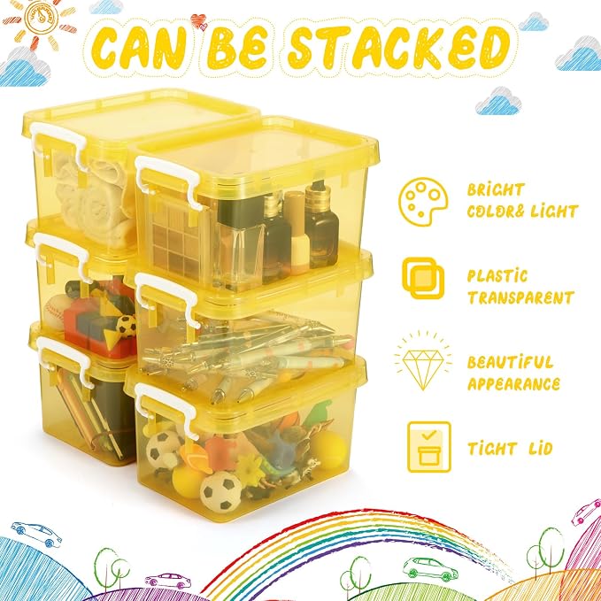 6 Pack Colorful Plastic Storage Bins with Lids 4 Quart Small Storage Latch Box Stackable and Nestable Clear Organizer Bins with Latching Handle and Buckle for Organizing(Yellow) - Image 4