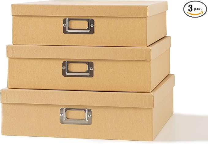 Soul & Lane - Kraft Storage Boxes with Lids, Set of 3, Just the Basics | Decorative Paper Storage Box Set for Photos, Documents and Keepsakes, Large Cardboard Office Organizers for Home Decor by SoulLane