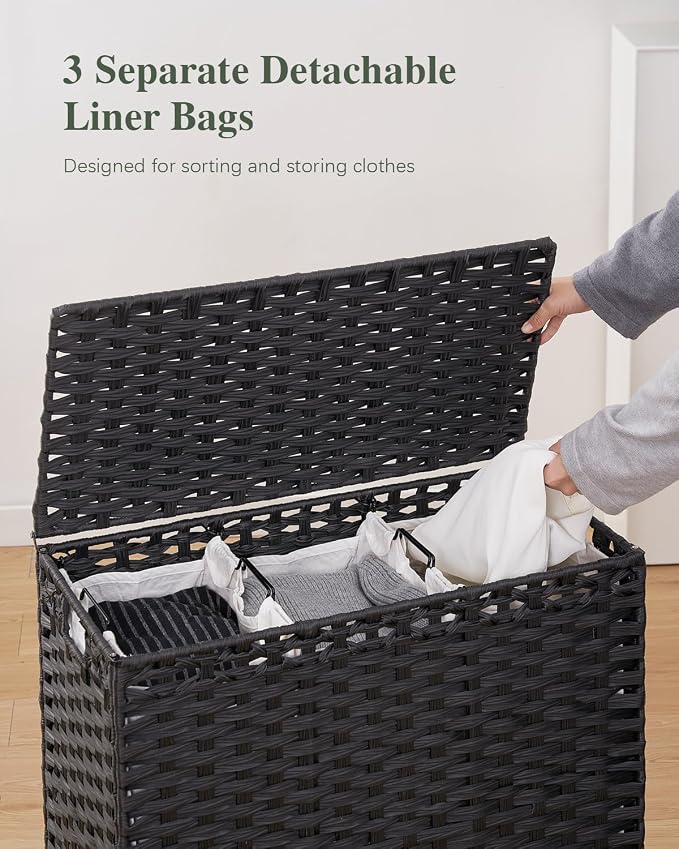 SETVSON Laundry Hamper with Lid, 35 Gal 3-Bag Clothes Sorter, Black | Large Family Laundry Trunk with Lid, 3 Compartment Sorting Liner, 6 Wash Bags, Elevated PE Rattan Bin with Handles - Image 3