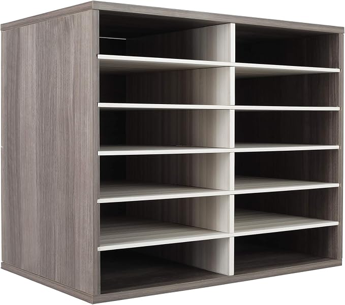 TQVAI Wood Literature Organizer, 12 Slots Hold 6000 Sheets A4 Papers, Wooden Desk Paper File Storage Organizer with Adjustable Shelves, Mailbox Cubbies for Office Home Classroom, Retro Grey/White by TQVAI