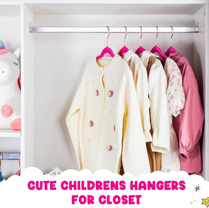 HOUSE DAY Velvet Kids Hangers 60 Pack, Premium Childrens Hangers for Closet | Hot Pink Ultra Thin Cute Non Slip Kid Felt Clothes Hanger 14 Inch, Small Hanger for Toddler Clothes +360° Rose Gold Hook - Image 5