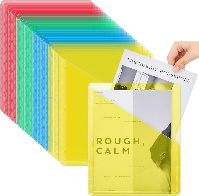 Seajan 48 Pcs Binder Pocket Folders, Clear 3 Ring Binder, Multicolored | Plastic Folders Sleeves with 2 Pockets, Poly Slash File Jackets, 3 Hole Punched Dividers for School, Office, Documents by Seajan