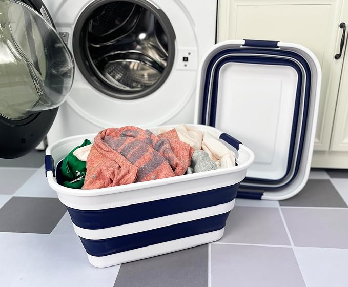 SAMMART Collapsible Plastic Laundry Basket with Handle/Foldable Pop Up Storage Hamper/Portable Laundry Organizer-Space Saving Washing Tub/Household Storage (White/Starry Blue, 27L (Set of 2)) - Image 2