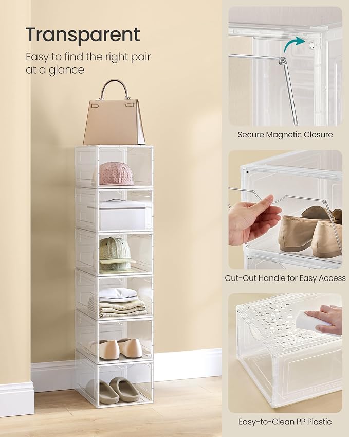 SONGMICS Shoe Boxes, Set of 6, Clear Plastic Sneaker Box, Up to US Size 11 | Stackable Shoe Storage Organizers, Drop Front Door, 13 x 9.8 x 7.1 Inches, Transparent White, DENNYS Collection ULSP032W06 - Image 5