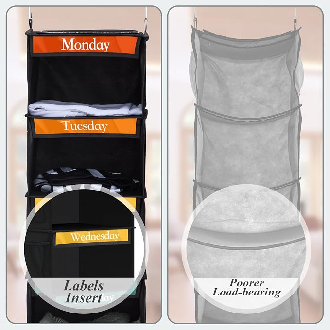 2 Pcs 6 Shelf Hanging Weekly Clothes Organizer for Kid,Black | Closet Organization, Hanging Closet Shelves with Side Pockets, Labeled Shelves with Days of The Week Monday Through Weekend - Image 3