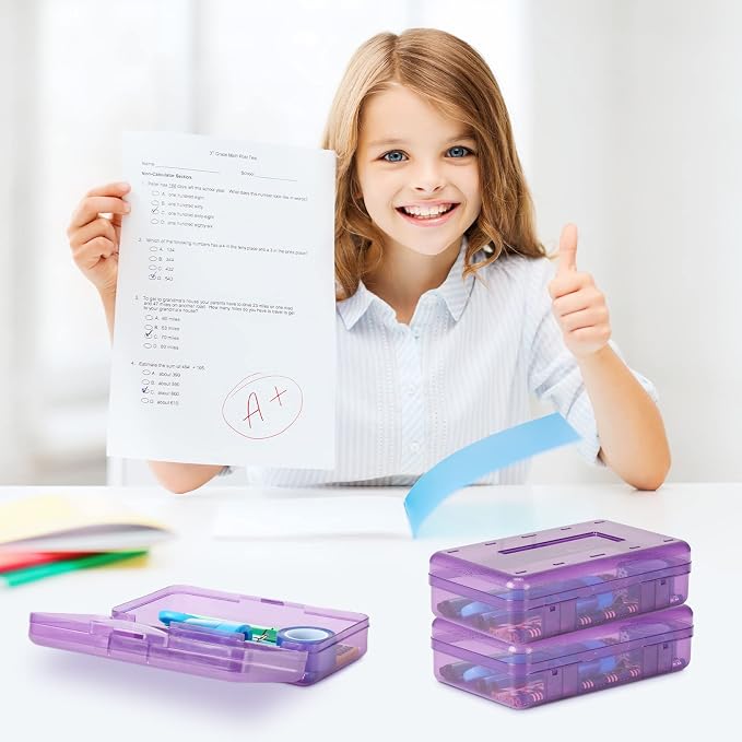 Fainne 24 Pack Clear Plastic Pencil Box,Purple | Stackable Organizer for School Supplies, Large Case for Crayons Markers, Snap-lid Keeps Stationery Secure, Bulk Set - Image 6