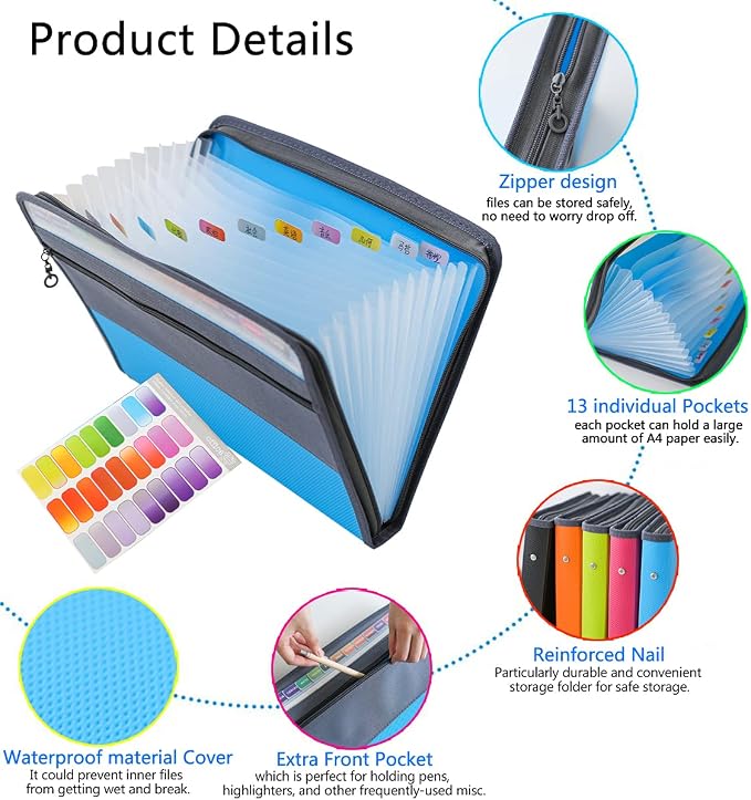 NAFY Expanding File Folder, 13 Pockets Document Organizer with Zipper, A4 Letter Size Portable Accordion Expanding File Folders with 27pcs Multicolor Labels for Home Office School Supplies (Blue) - Image 3