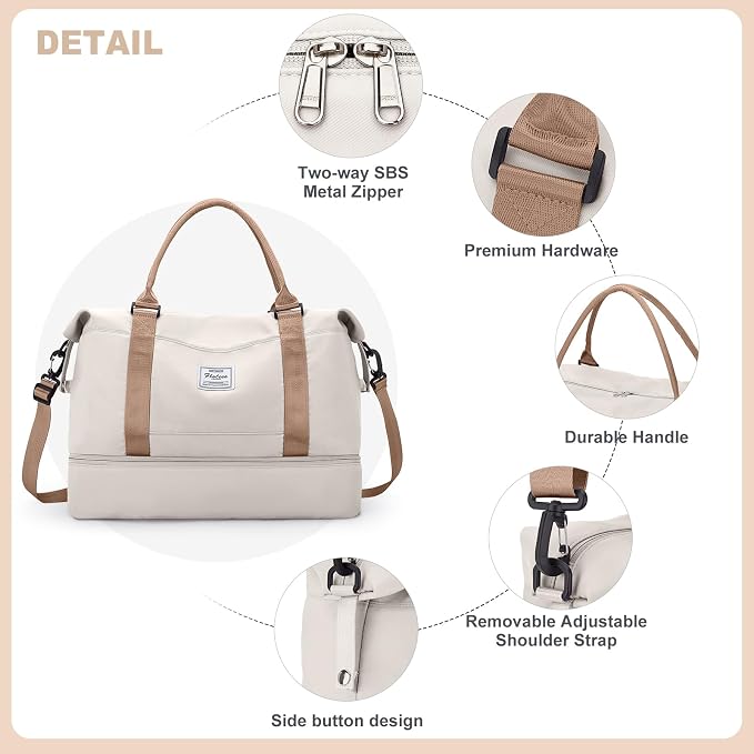 Weekender Bags for Women, Travel Duffel Bags with Shoe Compartment,Personal Item Travel Bag for Airlines, Carry on Overnight Tote Bag for Women with Toiletry Bag，Beige&Brown - Image 6