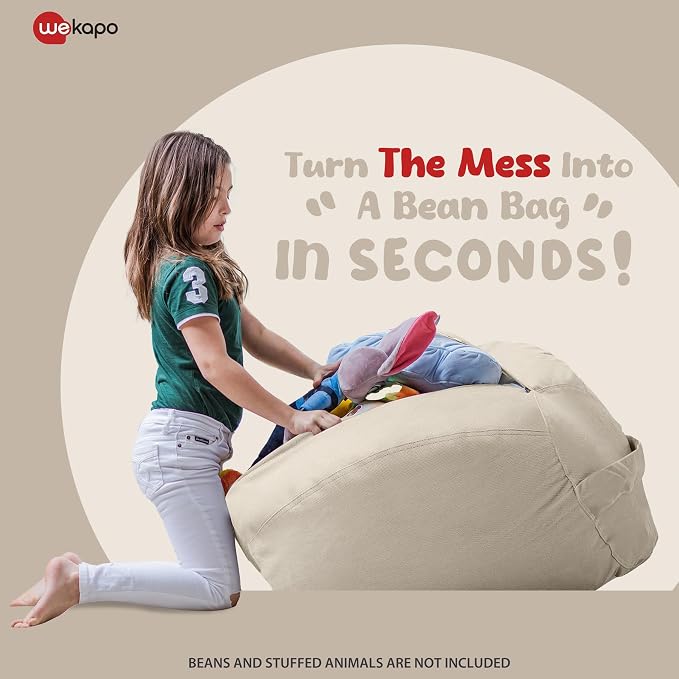 Wekapo Stuffed Animal Storage Bean Bag Chair Cover for Kids | Stuffable Zipper Beanbag for Organizing Children Plush Toys Large Premium Cotton Canvas (Almond Oil, XX-Large) - Image 3