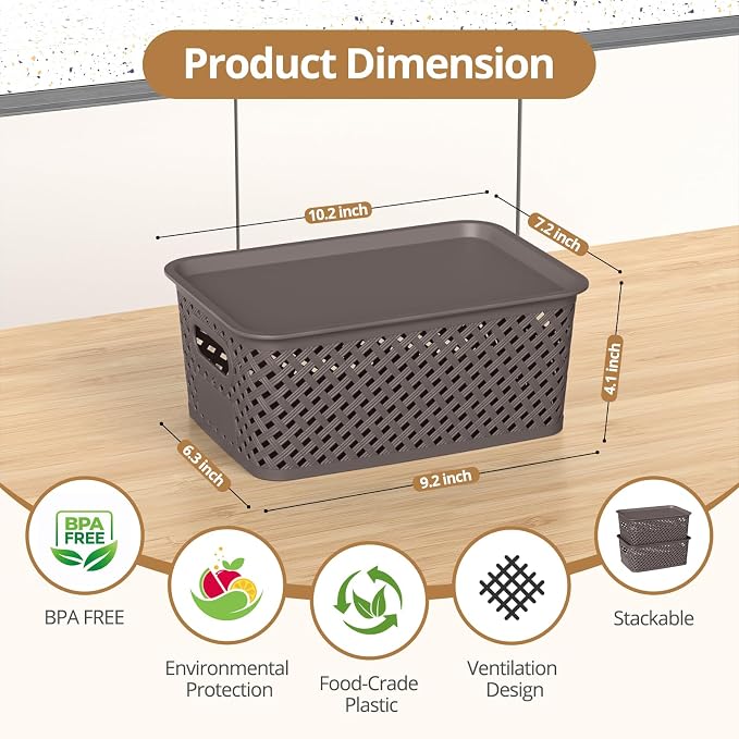 Plastic Storage Bins with Lid, Stackable Small Box Basket for Organizing and Containers for Shelves Drawers Desktop Closet Playroom Pantry Classroom Office Home, 8-pack 10.2x7.2x4.1 Inch, Brown - Image 2