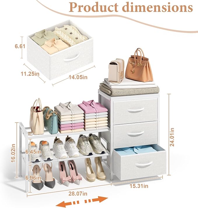Cidaziya Expandable Closet Organizers and Storage, White Fabric Storage Dresser, 3 Drawer Dresser, Clothes Shelves for Kids, Purse Organizer Small Shoe Rack for Closet Bedroom(31.29~43.42 in) - Image 2
