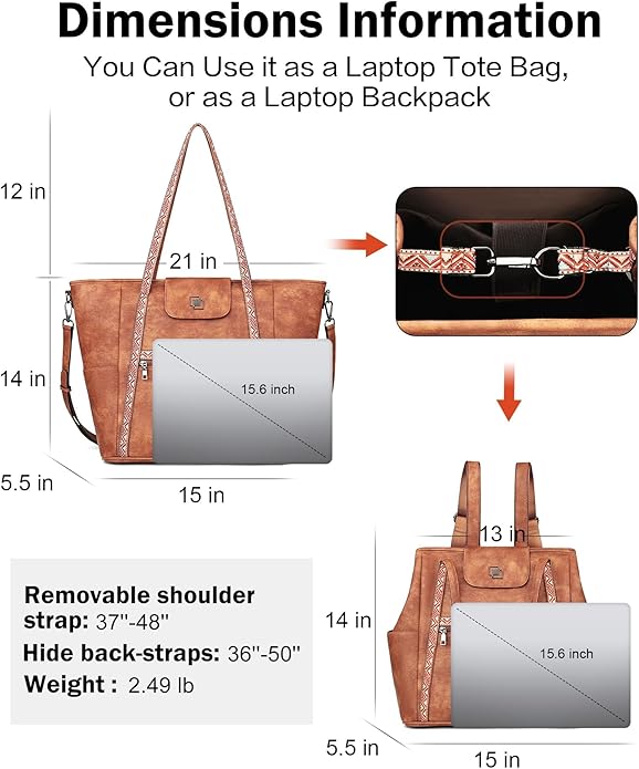 Large Laptop Tote Bag for Women Designer Leather Laptop Bag, 15.6in | Fashion Travel Backpack Purse Shoulder Handbag Fits 15.6 Laptop, Daily, Work, Business Trip, Weekend Travel, Teacher - Image 4