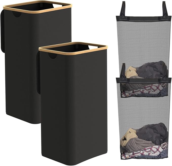 Laundry Basket with lid, Collapsible Laundry Hamper with Bamboo Handle, Dirty Clothes Hampers with Removable Laundry Bag for Clothes Toys Towels (Black, 100L 2 Pack) by Homiviv