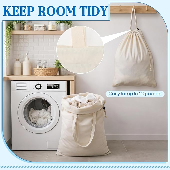 Zhehao 6 Packs Large Canvas Laundry Bags 20" x 28" Cotton Thick Cloth Laundry Bag with Handles & Drawstring Heavy Duty for Basket Hamper college Dorm Apartment Dwellers and Travel(White) - Image 4