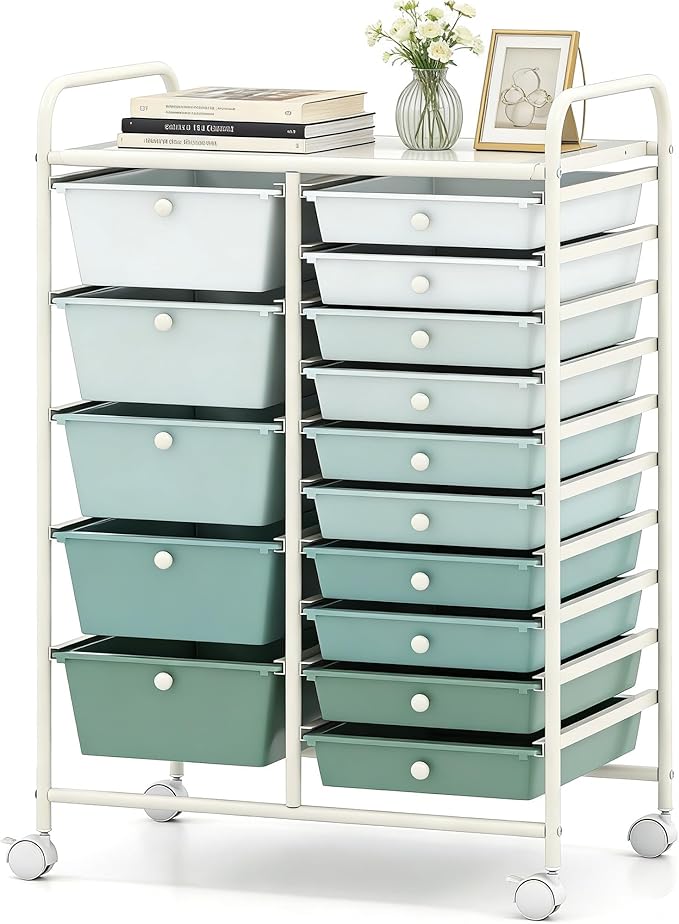 COSTWAY 15 Drawer Rolling Storage Cart, Mobile Storage Organizer | Removable Drawers & Metal Frame, Multipurpose Utility Tools Paper Organizer on Wheels for Home, Office (Green Gradient) by COSTWAY