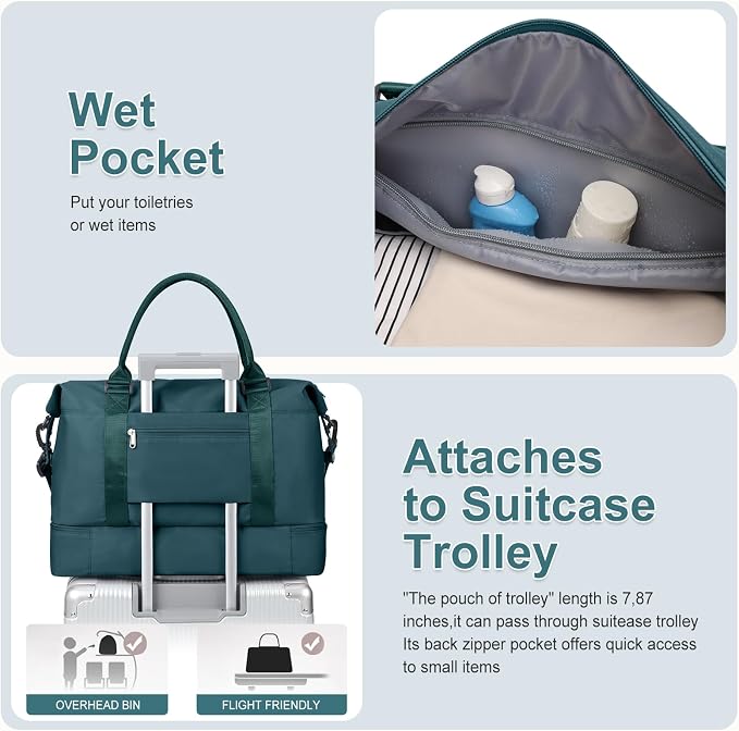 Large Weekender Bags for Women, Travel Duffel Bags with Shoe Compartment,Personal Item Travel Carry on Overnight bag for women Travel Set,Peacock Blue2 - Image 6