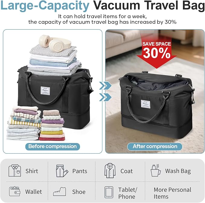 Weekender Bags for Women, Personal Item Travel Bag with Shoes Compartment | Vacuum Overnight Travel Duffel Bag with Air Pump & Compression Pocket - Image 5