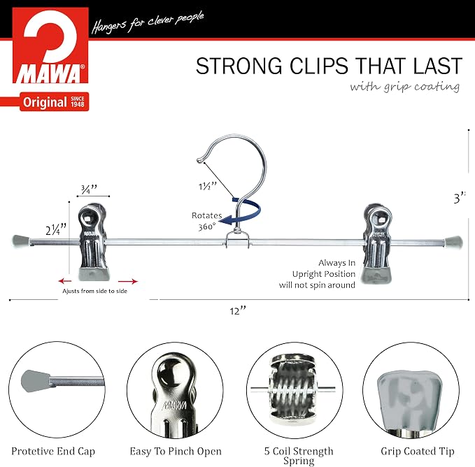 Mawa by Reston Lloyd Space-Saving Metal Pant/Skirt Hanger, Strong and Adjustable Pant Clips, Silver Set of 300 - Image 7