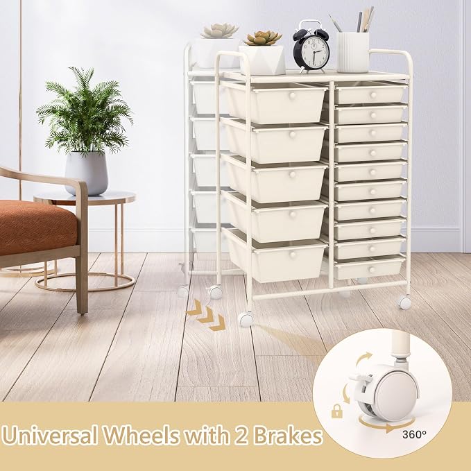 RELAX4LIFE 15-Drawer Storage Drawer Carts - Mobile Rolling Utility Cart w/Wheels, Craft Organizer for Classroom Organization and Storage, School, Office, Home, Storage Organizer Cart (White) - Image 5