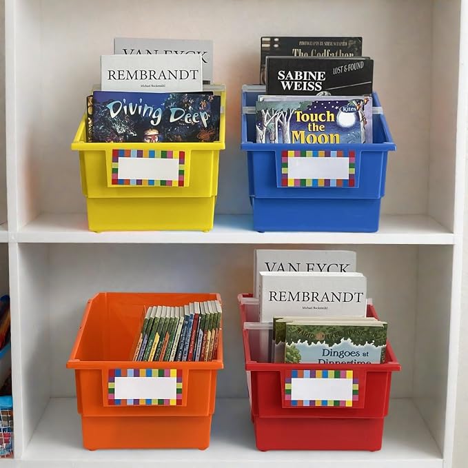 6 Pack Plastic Picture Book Classroom Library Bins with Dividers, Rainbow | Plastic Shelf Bin Organizer for Classroom Library, Book, Documents, Files Magazines, Multi-Purpose Book Holders with Labels - Image 6