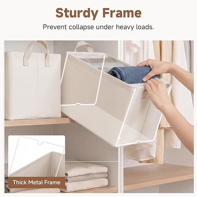 StorageWorks Fabric Storage Bins, Storage Basket for Shelves, Beige, 2-Pack | With PU Handles, Wrinkle-Resistant Cottlyn Fabric, Foldable, For Bedroom, Bathroom, Laundry, Holds Clothes, Towels, Blankets - Image 3