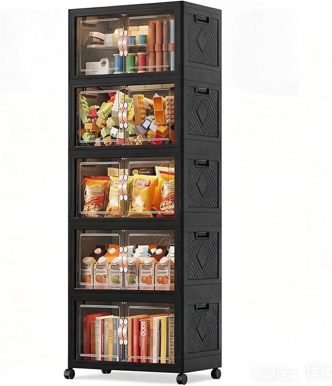 Collapsible Storage Bins with Lids&Wheels-311QT(78Gal) | Stackable Plastic Containers with Doors,Heavy-Duty Foldable Organizer Bins for Home,Office,Books,Black,5-Pack by Unknown