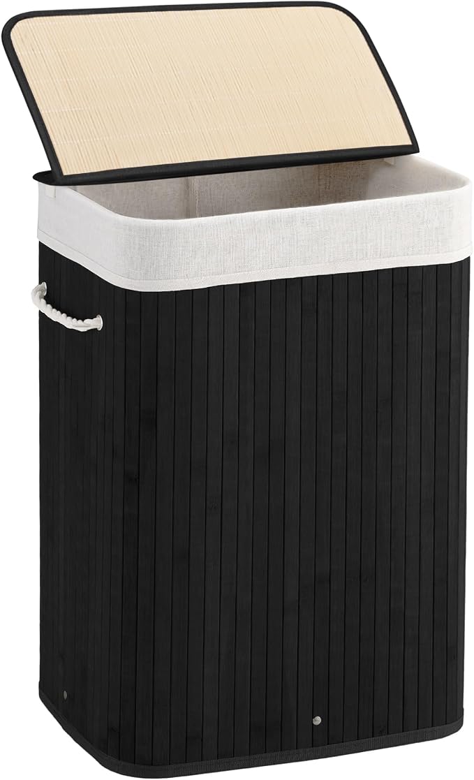 Aliphon 72L Slim Laundry Hamper with Lid, Foldable Bamboo Clothes Laundry Basket with Handles, Removable and Machine Washable Liner, for Bedroom, Bathroom, Dorm, Ink Black by Aliphonbyningge_ysHOME