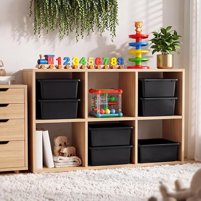 Zonon 12 Pcs Plastic Cubby Bins Office Storage Container Storage Bins Plastic Organization with 1 Pack Self Adhesive Label for Library Office Home Nursery (Black) - Image 3