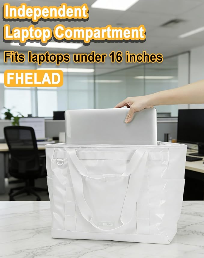FHELAD Extra Large Glossy Tote Bag for Women, Beach Shoulder Bag 25L | Waterproof Sandproof, 15.6" Laptop Compartment, Luggage Strap, Work, Travel - Image 3