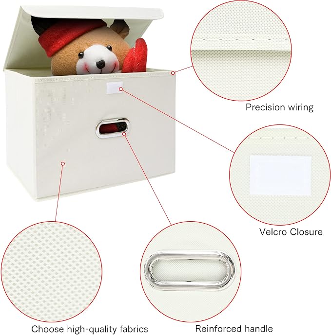 Fabric Foldable Collapsible Storage Cube Bin Organizer Basket with Lid, Handles, Removable Divider for Home, Closet (Creamy-White, 6Pcs) - Image 7