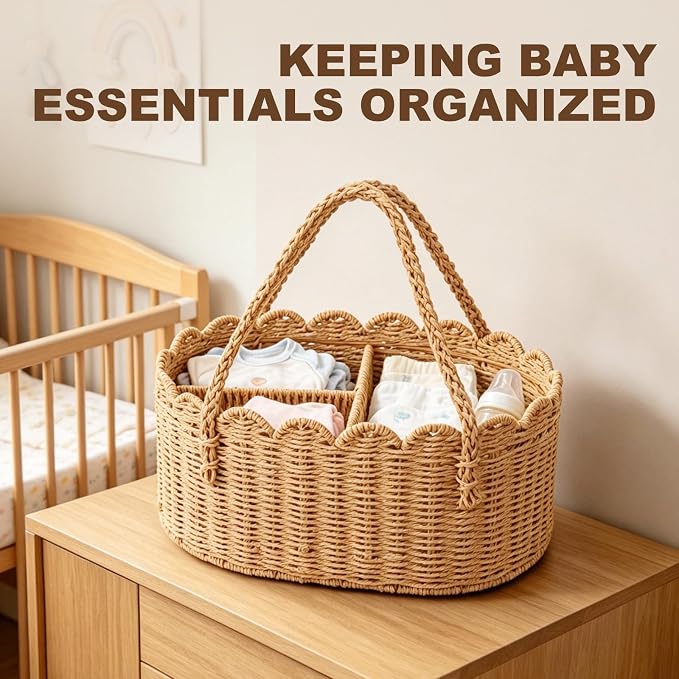 Sanwarm Diaper Caddy Organizer Rattan Divided Storage Basket Rattan | Portable Car Organizer for Diapers, Baby Shower Gifts, Newborn Essentials Must Haves - Image 6