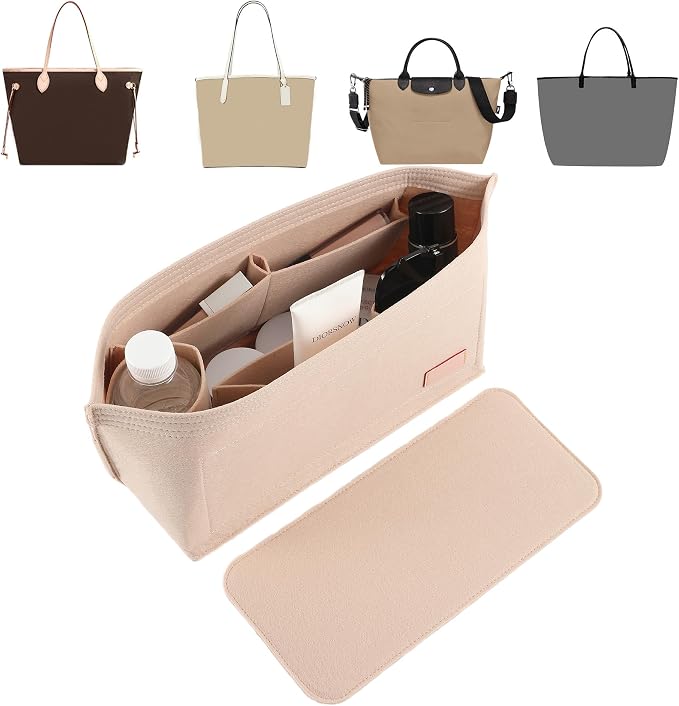 Purse Organizer Insert for Handbags & Base Shaper 2pc Set, Felt Neverfull MM Organizer Insert, Tote Bag Organizer with Zipper Pocket and Bottle Holder, Fit Speedy 30 Neverfull MM and More,Beige-L by Doxo
