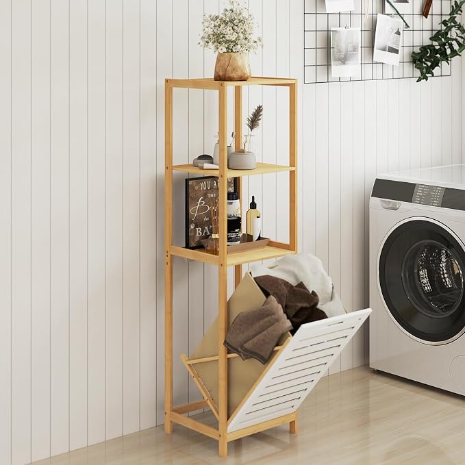 LOKO Bamboo Tilt-Out Laundry Hamper, 3-Tier Freestanding Laundry Basket with Shelf & Removable Liner, Laundry Sorter, 51" Tall Clothes Hamper Storage Organizer for Bathroom, Small Space, Natural - Image 4