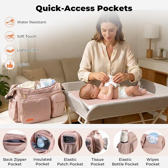 Puffy Crossbody Diaper Bag, 2-in-1 Stroller Caddy & Mom Purse, 13L Lightweight Travel Duffle Bag for Baby, Work Commute, Gym, Labor Delivery (Apricot pink) - Image 6